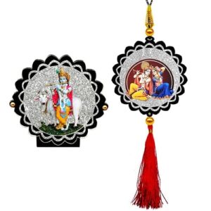 Sparkling Krishna Car Dashboard Idol & Radha Krishna Car Hanging Combo (Set Of 2)