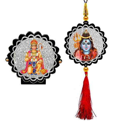 Sparkling Hanuman Car Dashboard Idol & Shiva Car Hanging Combo (Set Of 2)